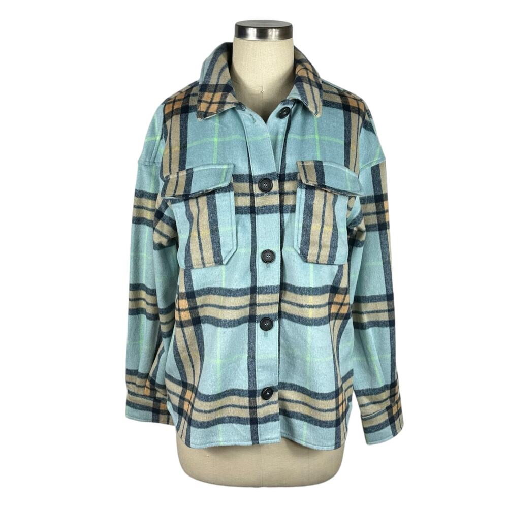 AVEC LES FILLES Oversized Plaid Button Front Fleece Shacket Blue Women's Size S